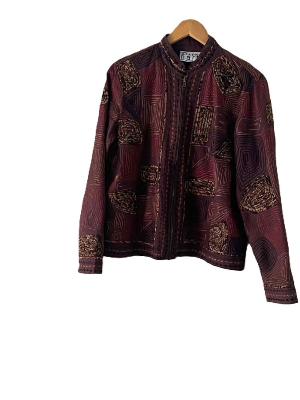 Keren Hart Jacket Women's Small Brown Embroidered Art Wear Zip Front Cotton